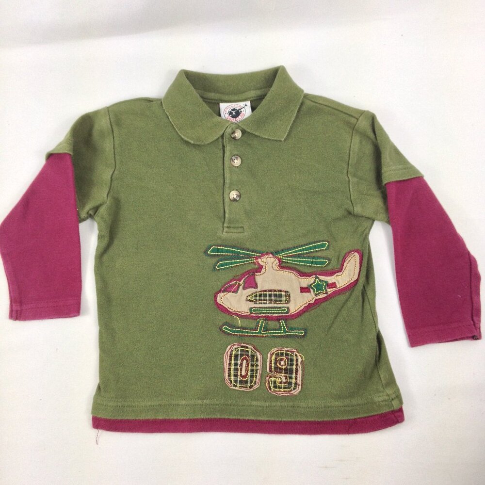 Good Lad Boys Toddler Polo Shirt " Helicopter " Long Sleeve Green/Maroon Sz 2T